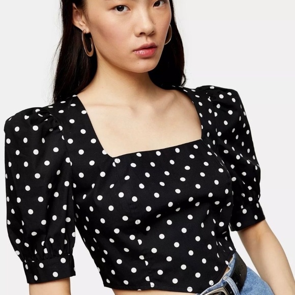 TOPSHOP Spot Puff Sleeve Poplin Corset Crop Top Black Polka Dot - Picture 1 of 5